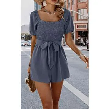 Women's Short Rompers Casual Square Collar Ruffle Sleeves Tie Front Smocked Jumpsuits 143grey Blue Medium