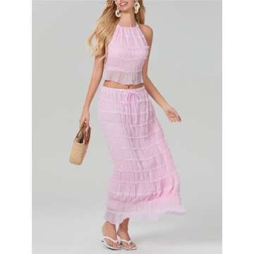 Sastianaen Women 2 Piece Maxi Skirt Set Y2k Lace Up Back Tank Top Flowy Ruffle Long Skirt Outfits Su...