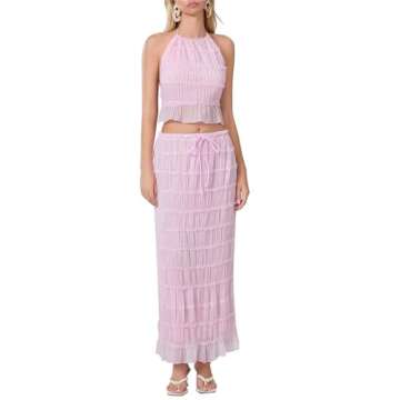 Sastianaen Women 2 Piece Maxi Skirt Set Y2k Lace Up Back Tank Top Flowy Ruffle Long Skirt Outfits Summer Going Out Beach Sundress (1-Pink,s), Small