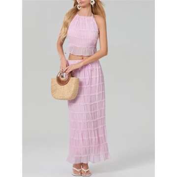 Sastianaen Women 2 Piece Maxi Skirt Set Y2k Lace Up Back Tank Top Flowy Ruffle Long Skirt Outfits Summer Going Out Beach Sundress (1-Pink,s), Small