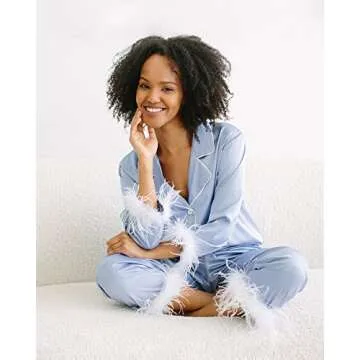 Belle's Design Feather Bridal Pajamas - Satin Silk Pants and Long Sleeve Feather Trim, Wedding, Bach...
