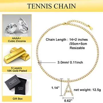 FindChic Hip Hop Fully Iced Choker Tennis Chain Letter Pendant Necklace for Women with Initial A Charm 18K Gold Plated Full Cubic Zirconia Chokers
