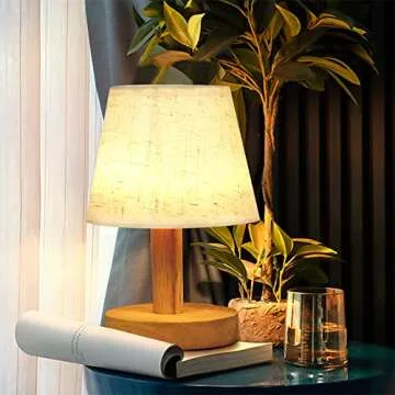 YKCGG Small Table Lamp,Bedside Table Lamp,Wooden Bedside Lamp Simple Bedroom Lamp Linen Shade Mini Desk Lamp Night Light Nightstand Lamp for Bedroom,Living Room,Kids Room