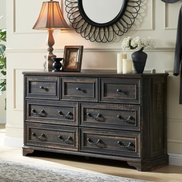 T4TREAM Farmhouse 7 Drawers Dresser for Bedroom, 54" Wide Wood Rustic Chest of Drawers with Natural ...