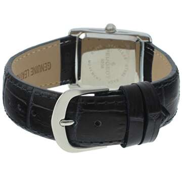 Peugeot Women's Silver-Tone Tank Shape Leather Dress Watch with Roman Numerals, Black