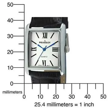 Peugeot Women's Silver-Tone Tank Shape Leather Dress Watch with Roman Numerals, Black