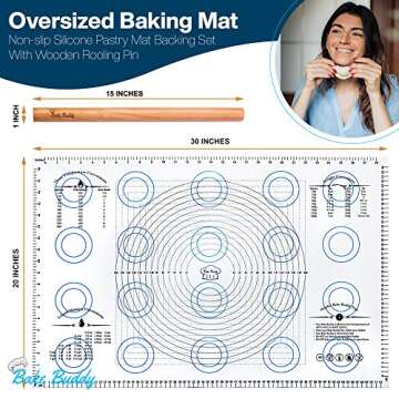 Bake Buddy Silicone Pastry Mat Baking Set, Jumbo XL Size Dough Rolling Mat, Fondant/Pie Crust Mat With Measurements, Bonus Wooden Rolling Pin Included With This 30” x 20” XL Silicone Baking Mat