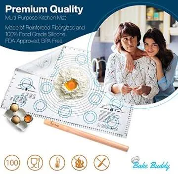 Bake Buddy Silicone Pastry Mat Baking Set, Jumbo XL Size Dough Rolling Mat, Fondant/Pie Crust Mat With Measurements, Bonus Wooden Rolling Pin Included With This 30” x 20” XL Silicone Baking Mat