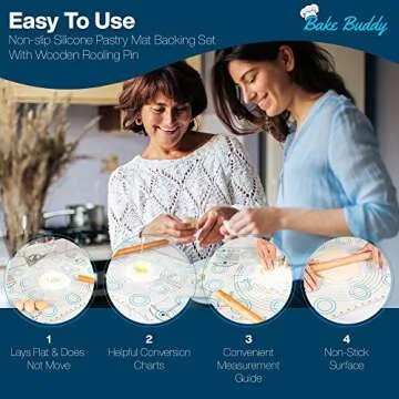 Bake Buddy Silicone Pastry Mat Baking Set, Jumbo XL Size Dough Rolling Mat, Fondant/Pie Crust Mat With Measurements, Bonus Wooden Rolling Pin Included With This 30” x 20” XL Silicone Baking Mat