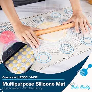 Bake Buddy Silicone Pastry Mat Baking Set, Jumbo XL Size Dough Rolling Mat, Fondant/Pie Crust Mat With Measurements, Bonus Wooden Rolling Pin Included With This 30” x 20” XL Silicone Baking Mat