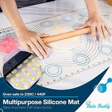 Bake Buddy Silicone Pastry Mat Baking Set, Jumbo XL Size Dough Rolling Mat, Fondant/Pie Crust Mat With Measurements, Bonus Wooden Rolling Pin Included With This 30” x 20” XL Silicone Baking Mat