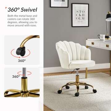 HULALA HOME Velvet Home Office Chair with Gold Base, Womans Modern Cute Shell Back Upholstered Desk Chair for Vanity, Adjustable Swivel Task Chair for Living Room, Ivory Chair for Desk
