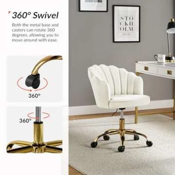 HULALA HOME Velvet Home Office Chair with Gold Base, Womans Modern Cute Shell Back Upholstered Desk Chair for Vanity, Adjustable Swivel Task Chair for Living Room, Ivory Chair for Desk