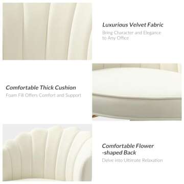 HULALA HOME Velvet Home Office Chair with Gold Base, Womans Modern Cute Shell Back Upholstered Desk Chair for Vanity, Adjustable Swivel Task Chair for Living Room, Ivory Chair for Desk