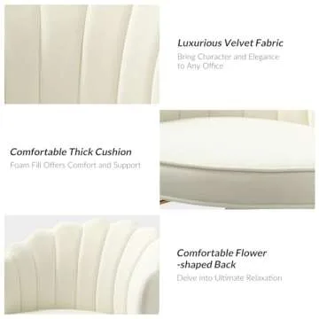 HULALA HOME Velvet Home Office Chair with Gold Base, Womans Modern Cute Shell Back Upholstered Desk Chair for Vanity, Adjustable Swivel Task Chair for Living Room, Ivory Chair for Desk
