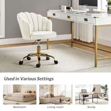 HULALA HOME Velvet Home Office Chair with Gold Base, Womans Modern Cute Shell Back Upholstered Desk Chair for Vanity, Adjustable Swivel Task Chair for Living Room, Ivory Chair for Desk