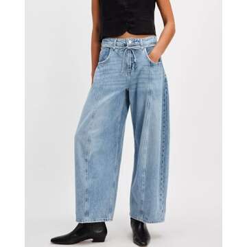 LifeShe Wide Leg Jeans Woman Mid Rise Baggy Jeans Loose Boyfriend Barrel Denim Pants with Drawstring Light Blue