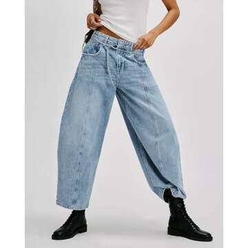 LifeShe Wide Leg Jeans Woman Mid Rise Baggy Jeans Loose Boyfriend Barrel Denim Pants with Drawstring Light Blue