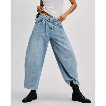 LifeShe Wide Leg Jeans Woman Mid Rise Baggy Jeans Loose Boyfriend Barrel Denim Pants with Drawstring Light Blue