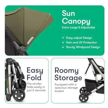 Colugo Compact Stroller - One Hand Fold Lightweight, Travel, Toddler, Airplane, Foldable Stroller with Rain Cover, Backpack and Cup Holder (Olive)