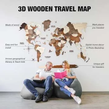 Awesometik MULTICOLOR 3D Wood World Map – 3D Wood Map of the World – Easy Installation with Double Sided Tape – Includes Add-Ons – Premium Durable Plywood – Ideal for Home and Office Decor