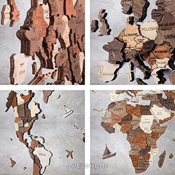 Awesometik MULTICOLOR 3D Wood World Map – 3D Wood Map of the World – Easy Installation with Double Sided Tape – Includes Add-Ons – Premium Durable Plywood – Ideal for Home and Office Decor