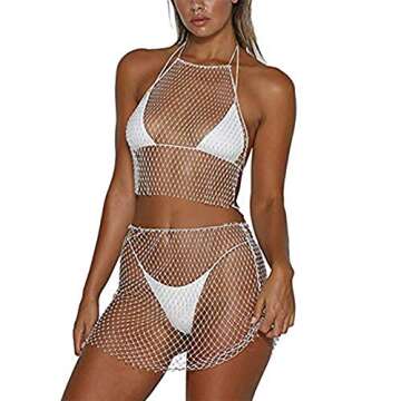 Axupico Women Sexy Mesh See through Rhinestone Fishnet Mini Skirts Beach Wrap Cover Up for Swimwear (White top, One size)