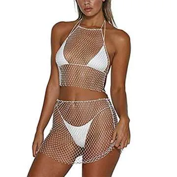 Axupico Women Sexy Mesh See through Rhinestone Fishnet Mini Skirts Beach Wrap Cover Up for Swimwear (White top, One size)