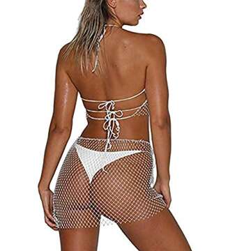 Axupico Women Sexy Mesh See through Rhinestone Fishnet Mini Skirts Beach Wrap Cover Up for Swimwear (White top, One size)
