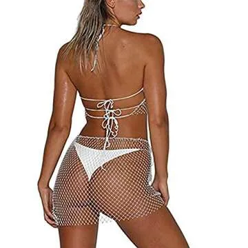 Axupico Women Sexy Mesh See through Rhinestone Fishnet Mini Skirts Beach Wrap Cover Up for Swimwear (White top, One size)