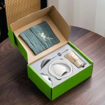 7Pcs Japanese Matcha Tea Set, Matcha Kit with Matcha Bowl (with Pouring Spout), Matcha Whisk, Whisk Holder, Strainer - Elegant Matcha Set for Gifting and Personal Use, Gift Box Packaging (white)