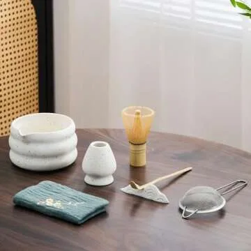 7Pcs Japanese Matcha Tea Set, Matcha Kit with Matcha Bowl (with Pouring Spout), Matcha Whisk, Whisk Holder, Strainer - Elegant Matcha Set for Gifting and Personal Use, Gift Box Packaging (white)