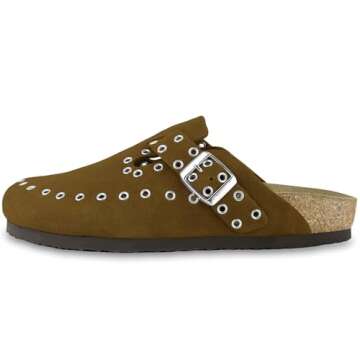 HALOFIVE Women's Mules & Clogs, Women's Suede Clogs Leather Mules Cork Footbed Rivet Potato Shoes with Arch Support Men's Comfort Slip-On Clogs(Brwon, 8-8.5)