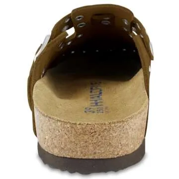 HALOFIVE Women's Mules & Clogs, Women's Suede Clogs Leather Mules Cork Footbed Rivet Potato Shoes with Arch Support Men's Comfort Slip-On Clogs(Brwon, 8-8.5)