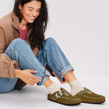 HALOFIVE Women's Mules & Clogs, Women's Suede Clogs Leather Mules Cork Footbed Rivet Potato Shoes with Arch Support Men's Comfort Slip-On Clogs(Brwon, 8-8.5)