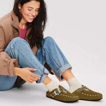 HALOFIVE Women's Mules & Clogs, Women's Suede Clogs Leather Mules Cork Footbed Rivet Potato Shoes with Arch Support Men's Comfort Slip-On Clogs(Brwon, 8-8.5)