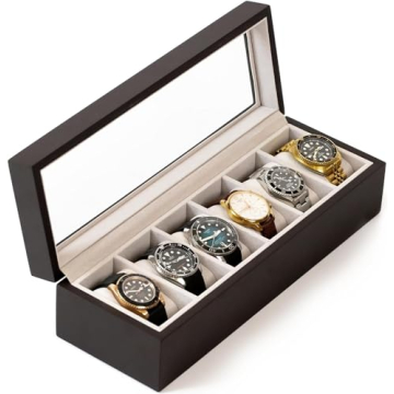 CASE ELEGANCE Solid Espresso Wood Watch Box Organizer with Glass Display Top