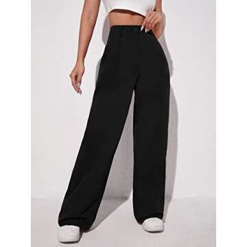 OYOANGLE Women's Fashion High Waisted Wide Leg Zipper Button Down Straight Long Trousers Pants with Pocket Black M