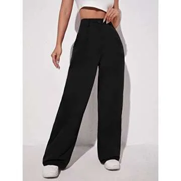 OYOANGLE Women's Fashion High Waisted Wide Leg Zipper Button Down Straight Long Trousers Pants with Pocket Black M