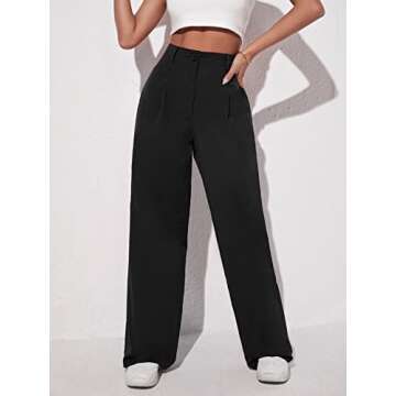 OYOANGLE Women's Fashion High Waisted Wide Leg Zipper Button Down Straight Long Trousers Pants with Pocket Black M