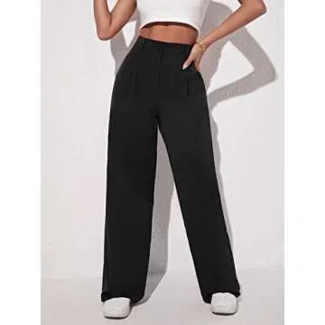 OYOANGLE Women's Fashion High Waisted Wide Leg Zipper Button Down Straight Long Trousers Pants with Pocket Black M