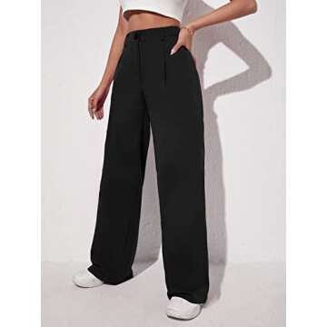 OYOANGLE Women's Fashion High Waisted Wide Leg Zipper Button Down Straight Long Trousers Pants with Pocket Black M