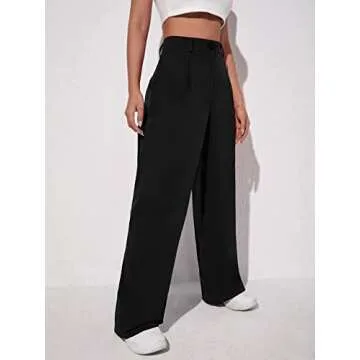 OYOANGLE Women's Fashion High Waisted Wide Leg Zipper Button Down Straight Long Trousers Pants with Pocket Black M