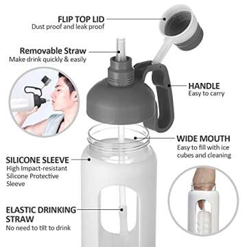 MUKOKO 56oz Glass Water Bottle with Straw, Motivational Water Bottle with Silicone Sleeves and Handle,Leakproof BPA Free Wide Mouth Water Jug for Gym,Working,Outdoor,Amber