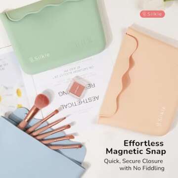 SILKLE Silicone Makeup Bag - Versatile Makeup Organizer with Magnets and Wavy Design, Travel Toiletry Bag and Makeup Brush Holder - Compact and Stylish Cosmetic Bag for Daily Use - Khaki