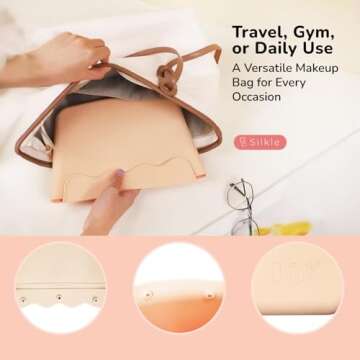 SILKLE Silicone Makeup Bag - Versatile Makeup Organizer with Magnets and Wavy Design, Travel Toiletry Bag and Makeup Brush Holder - Compact and Stylish Cosmetic Bag for Daily Use - Khaki