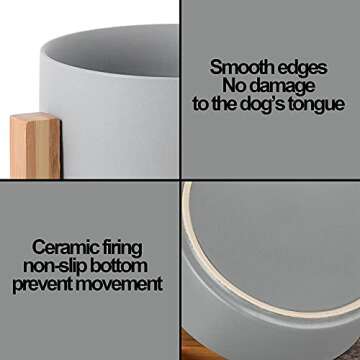 Ceramic Dog Bowls, Non-Slip Elevated Dog Bowl with Wooden Stand, Suitable for Small and Medium-Sized Cats and Dogs (30.34 oz 2.7in*6.2in, Grey)