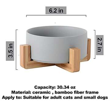 Ceramic Dog Bowls, Non-Slip Elevated Dog Bowl with Wooden Stand, Suitable for Small and Medium-Sized Cats and Dogs (30.34 oz 2.7in*6.2in, Grey)