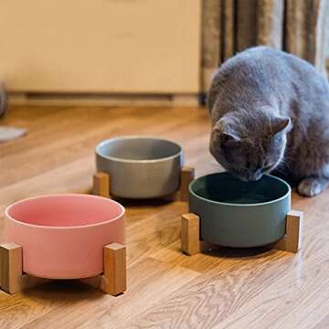 Ceramic Dog Bowls, Non-Slip Elevated Dog Bowl with Wooden Stand, Suitable for Small and Medium-Sized Cats and Dogs (30.34 oz 2.7in*6.2in, Grey)
