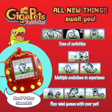 Giga Pet Virtual Pet for Kids Ages 5 and Up, 90s Throwback, 2-in-1 T-Rex Dinosaur | Upgraded Collector’s Edition | Kids Learn to Take Care of a Pet
